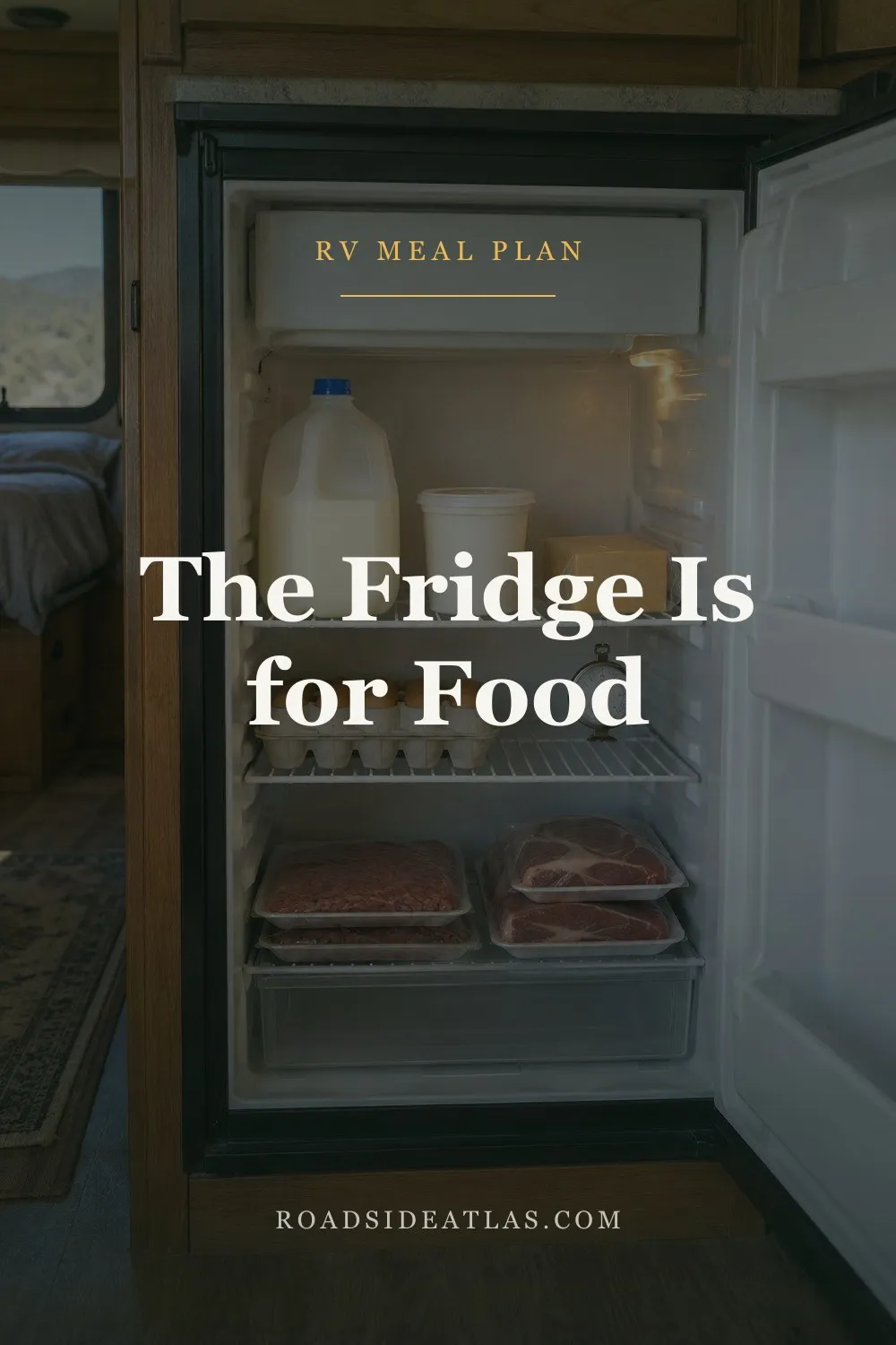 An open RV refrigerator holding only milk, yogurt, cheese, eggs and packaged meat, with a fridge thermometer on the middle shelf