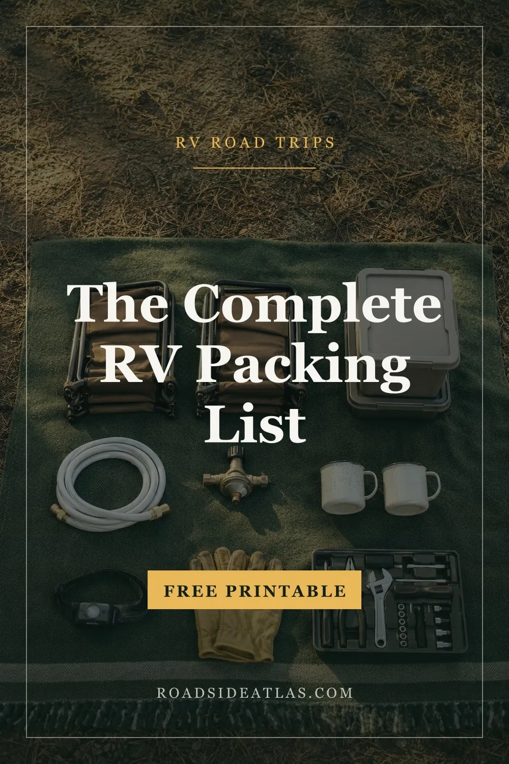 RV camping gear laid out on a green blanket: coiled water hose, brass pressure regulator, folded camp chairs, storage bin, enamel mugs, headlamp, work gloves, and a toolkit