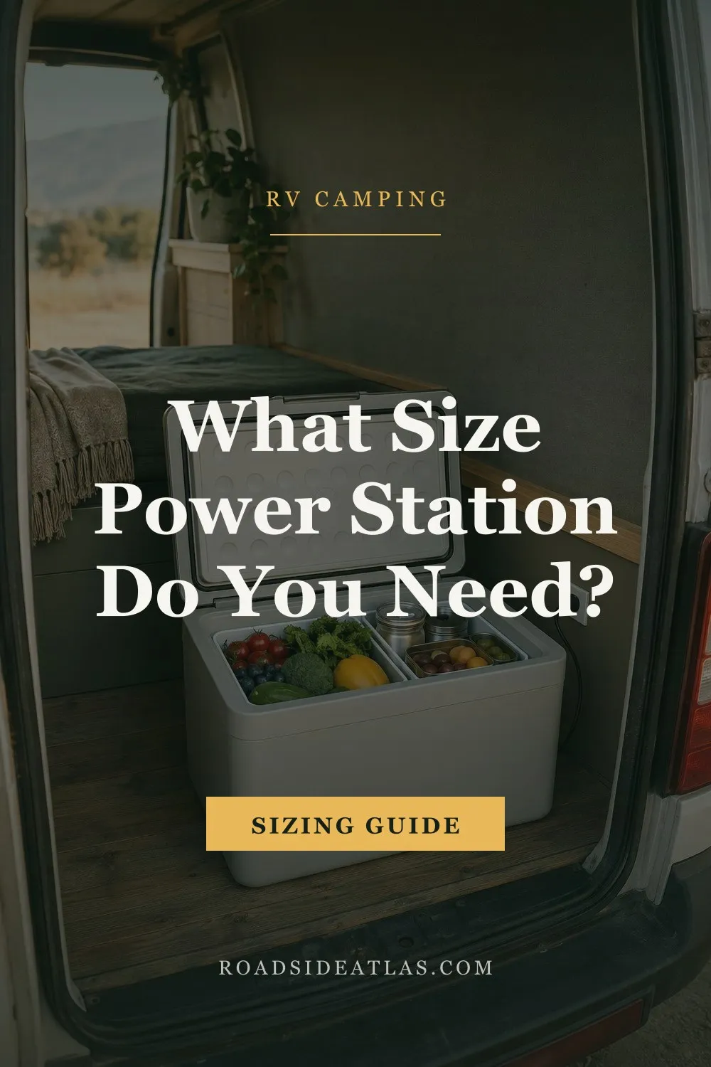 A portable compressor fridge with the lid open and packed with vegetables, standing in the rear of a camper van with the doors open to a dry hillside