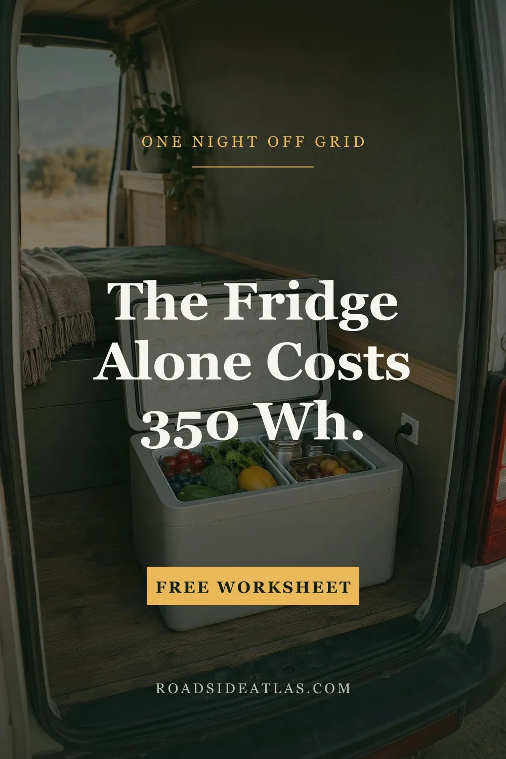 A portable compressor fridge with the lid open and packed with vegetables, standing in the rear of a camper van